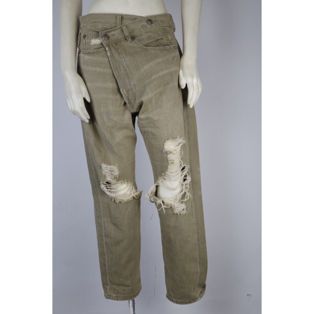 Limited R13 Crossover Distressed Jeans Olive Khaki Denim Asymmetrical Waist 24